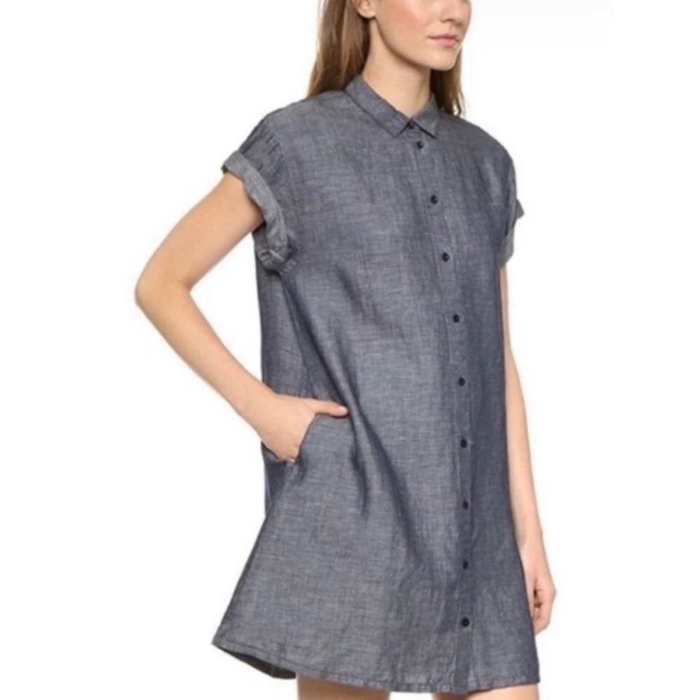 Madewell Blue Linen Blend Courier Shirt Dress Short Sleeve Button Front B9956 M